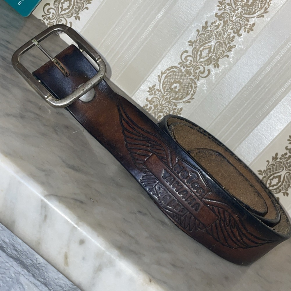 Broken In Distressed Vintage 70's Yamaha Emblem Branded Burned Leather Belt